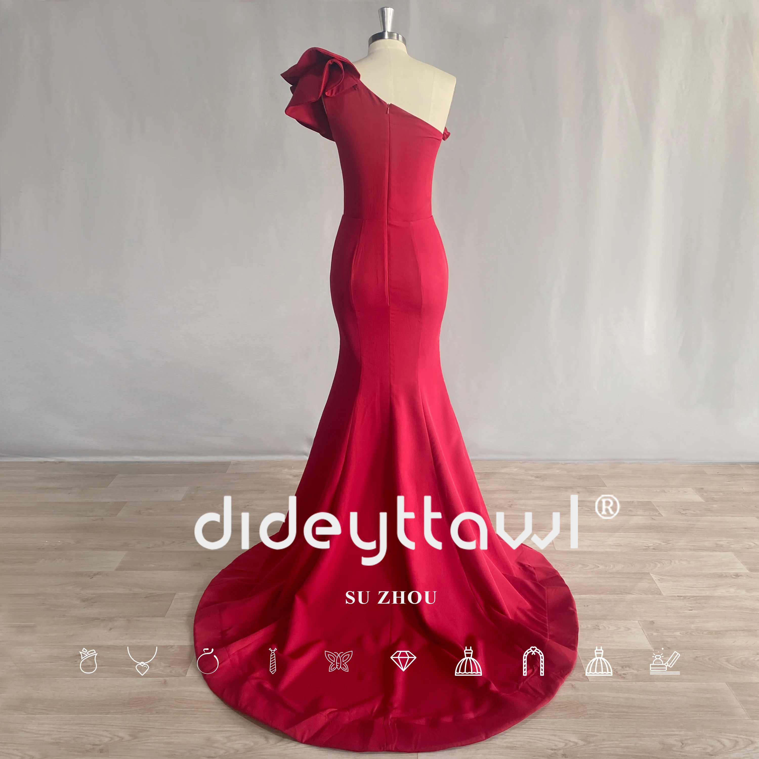 DIDEYTTAWL One Shoulder Burgundy Evening Dress Ruffles Sleeveless Satin Mermaid Formal Party Gown Sweep Train