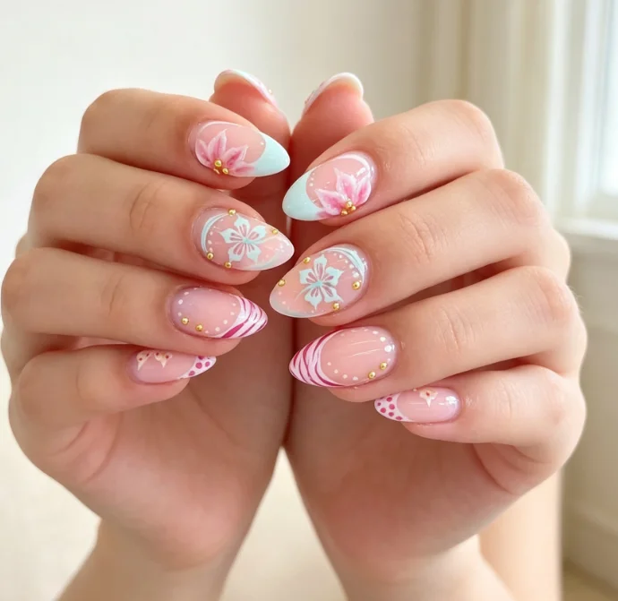 24PCS Summer Beach Style Almond Press on Nails Nude Multicolor False Nails with 3D Starfish Seashell Flower Design Fake Nails
