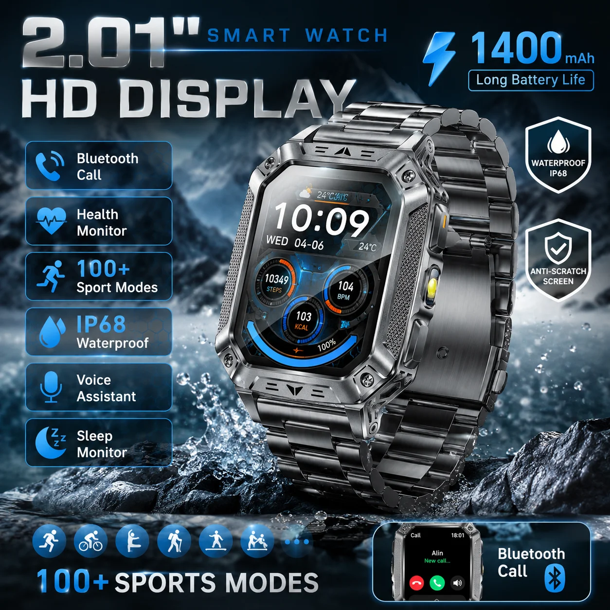 LIGE 2026 Outdoor Robuste Militär-Smartwatch für Männer 1400mAh Akku 5ATM Schwimmtauglich LED-Taschenlampe+SOS Rotlicht Sport-Anruf Smartwatch