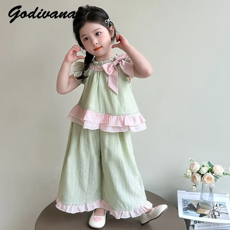 

Girls Summer Sleeveless Sets 2026 New Summer Thin Breathable Soft Wide Leg Pants Little Girl Ruffle Trim Contrast Color 2pcs Set