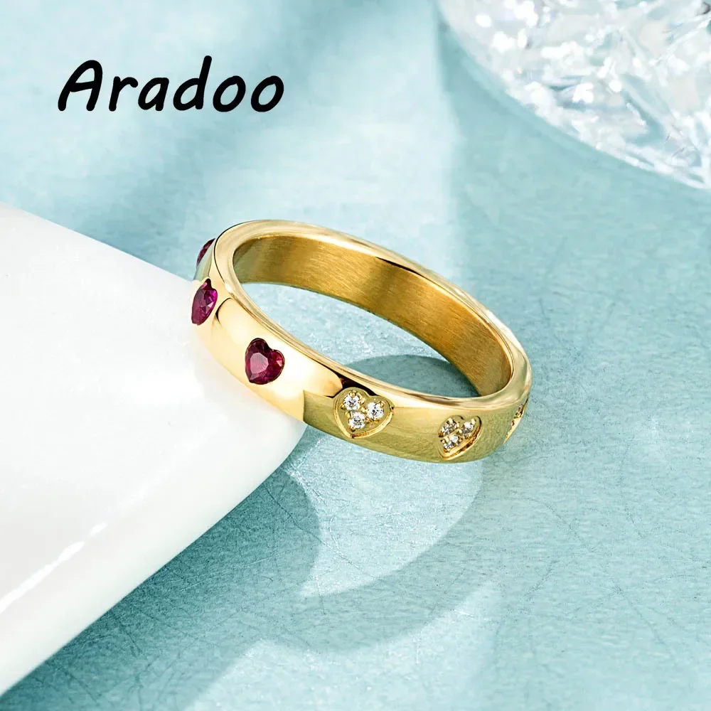 Women's Heart Zirconia Ring Light Luxury Vintage Ruby Titanium Ring 18K Gold-Plated Rings