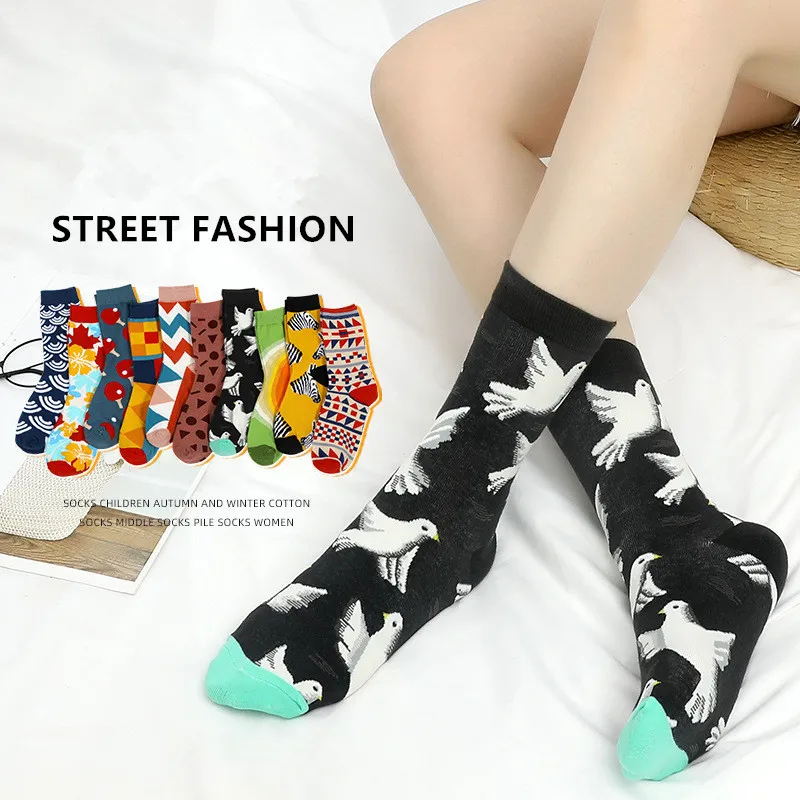 1 Pair Women Socks Cartoon Fashion Bird Flower Plant Funny Casual Female Cotton Socks Hosiery Streetwear Harajuku Girls Sox