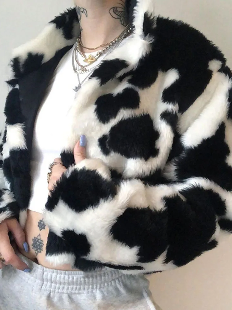 Faux Fur Coat Women Fashion Milk Cow Print Jacket Winter Thick Elegant Warm Fleece Cardigan Jacket Punk Gothic Crop Streetwear