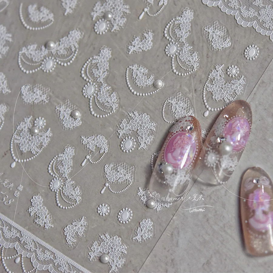 Autocollants de manucure en tissu de fleur de dentelle romantique français, pendentif de perle, Portrait, nœud papillon, impression Textile, autocollants délicats pour Nail Art