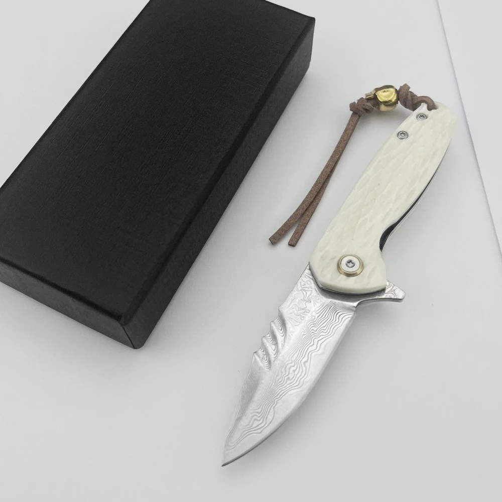 

Damascus Blade Folding Pocket Knife Cow Bone Handle Portable EDC Camping Utility Knife for Fishing Collection