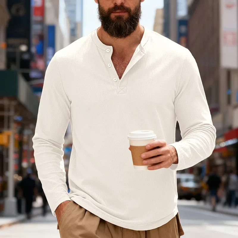 Cross-border New Products Spring And Autumn Heavy-duty Long-sleeved Ribbed Material Men's Loose Casual Commuting Henry Shirt