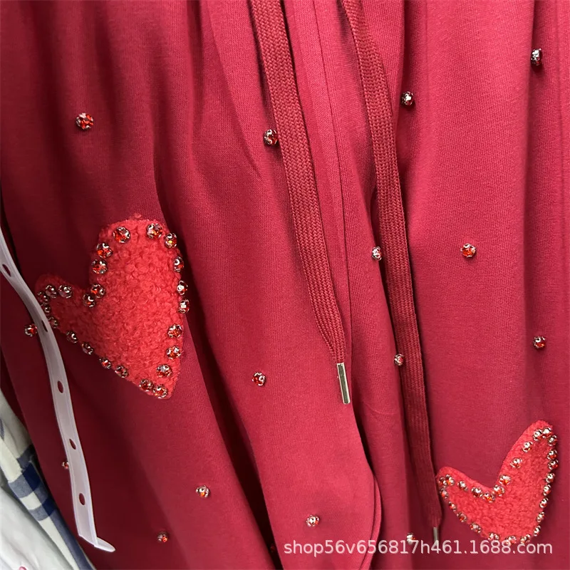重工業風ダイヤモンド付きハート柄ルーズ半袖Tシャツトップスと伸縮性ウエストワイドレッグロングパンツのツーピースセット（女性用）