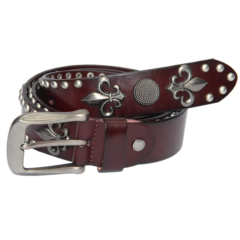 トップグレインレザーメンズベルト、パンクファッションスタイルの装飾ベルト