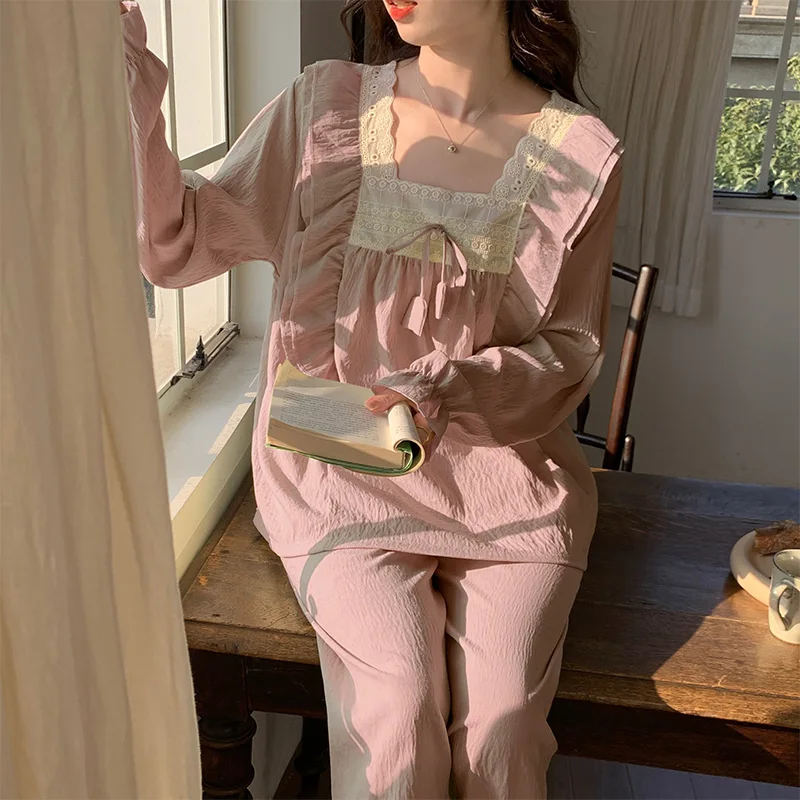 Pajama Sets for Women Home Lace Design Sweet Bandage Casual Aesthetic Princess Girlish All-match Sleepwear Korean Fashion Mujer