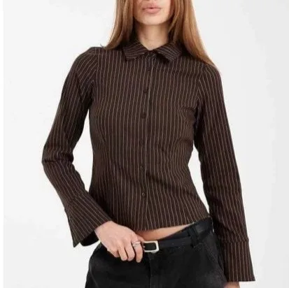 

Striped Long Sleeve Blouse Loose Fit Blouses Pointed Collar Button Down Shirt Oversized Silhouette Polyester Fabric Casual Top