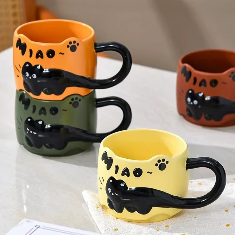 Cute Vintage Cat Ceramic Breakfast Cup, 380ml Stackable Mug, Ideal for Dorm & Home Coffee Time, Perfect Birthday Gift Drinkware