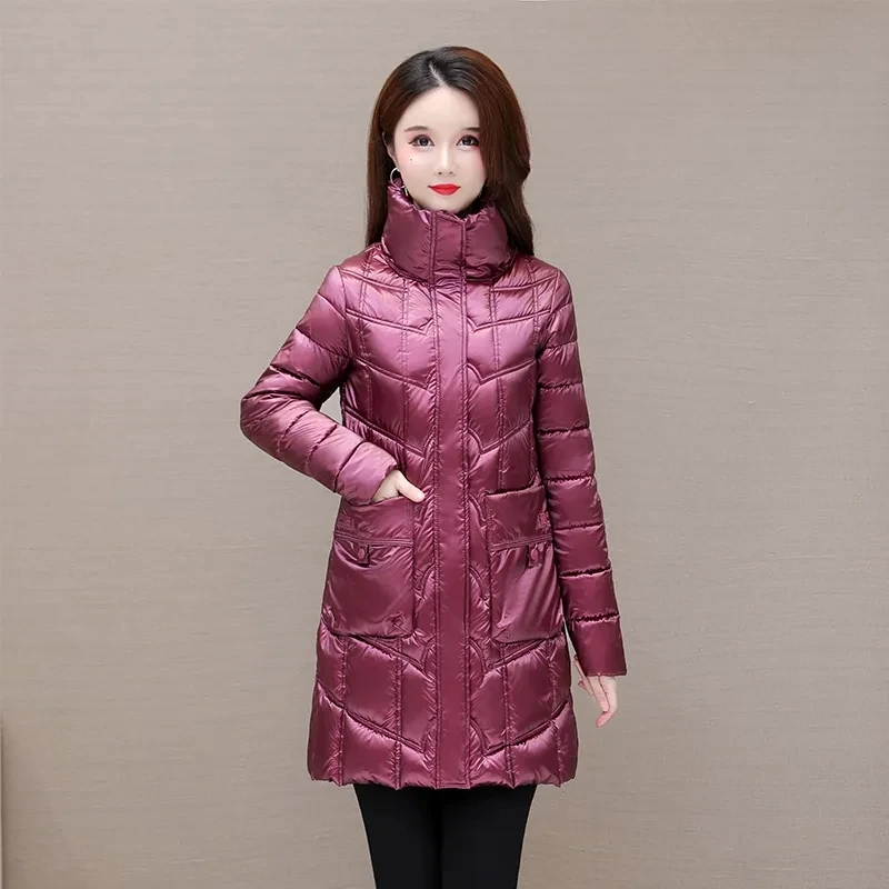 Winter New Bright Surface Jacket Cotton-Padded Clothes Women's Quilted Cotton Cloth Mid-Length Loose Padded Jacket