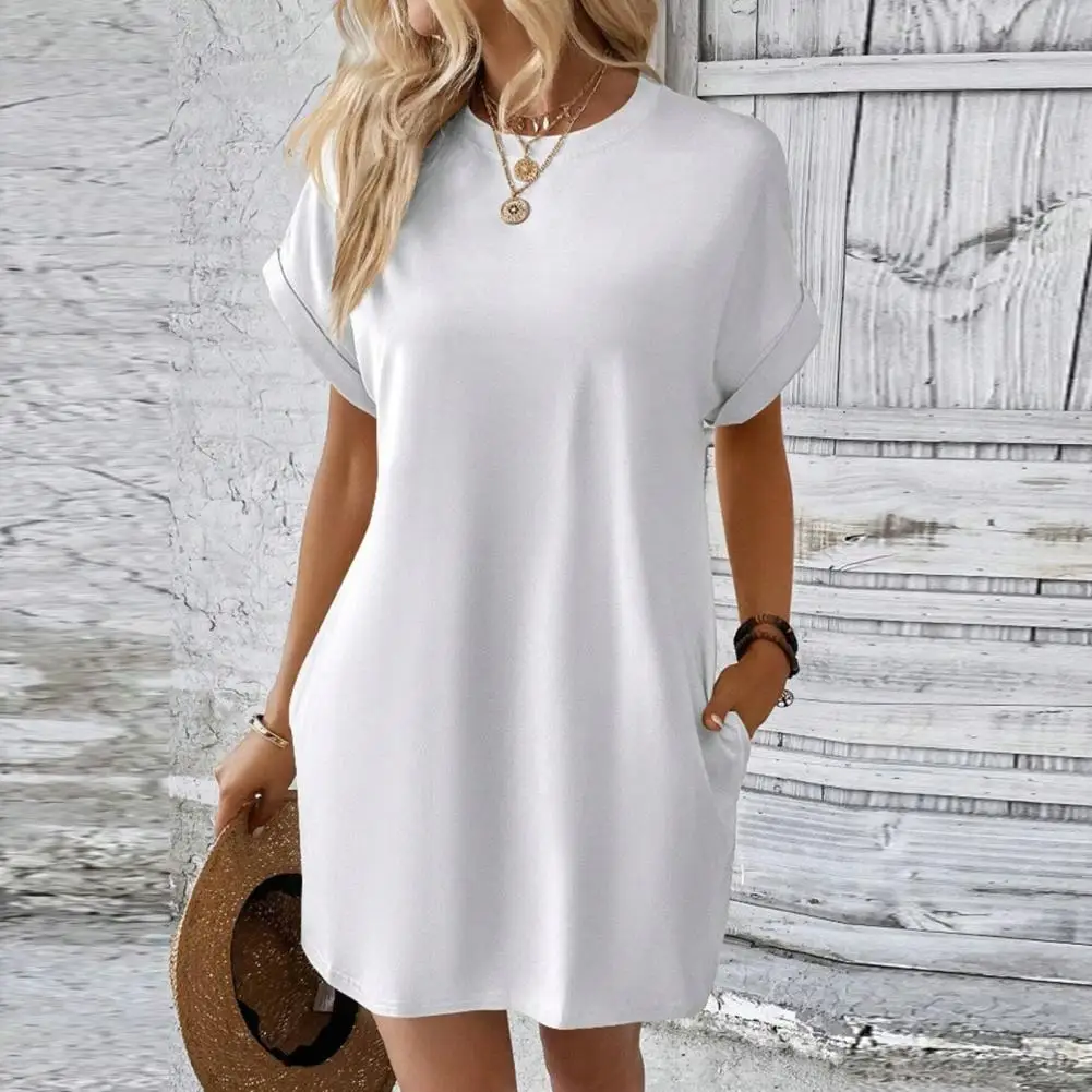 

Lady Summer Dress Pure Color O Neck Short Sleeves Loose Side Pockets Casual Breathable Soft Office Dating Mini Dress Sundress