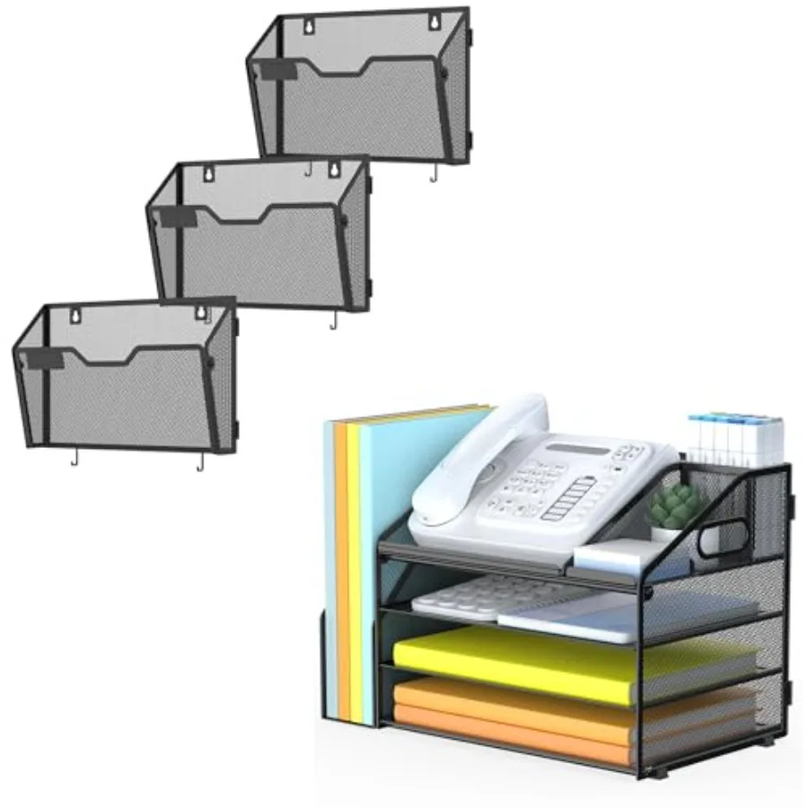 

Wall and Desk File Organizer Bundle 3-Pack Hanging Mesh Wall File Holders and 4-Tier Mesh Paper Letter Tray with Handle and Pen