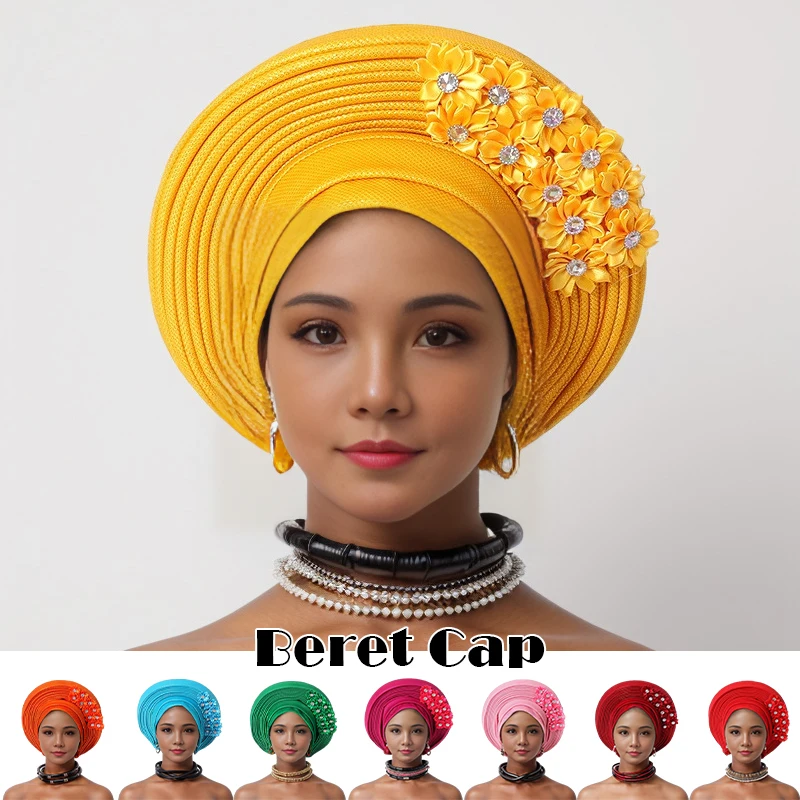 Nigerian Turban Cap Auto Gele Headtie Headwarp Floral Heavy Industry Bright Silky Hat Wedding Party Muslim Hijab Headscarf