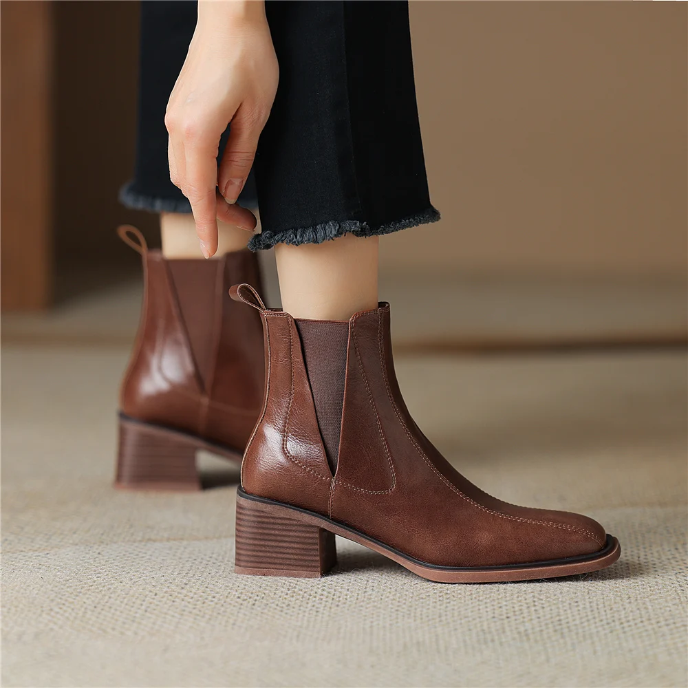 FEDONAS Concise Office Lady Short Boots Autumn Winter Genuine Leather Shoes Woman Square Toe Thick Heels Basic Women Ankle Boots