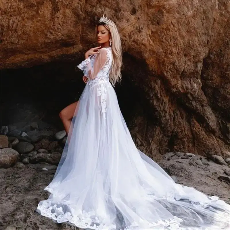 

Белое свадебное платье, индивидуальное кружевное тюлевое пляжное свадебное платье с аппликацией для фотосессии, Vestidos de Novia