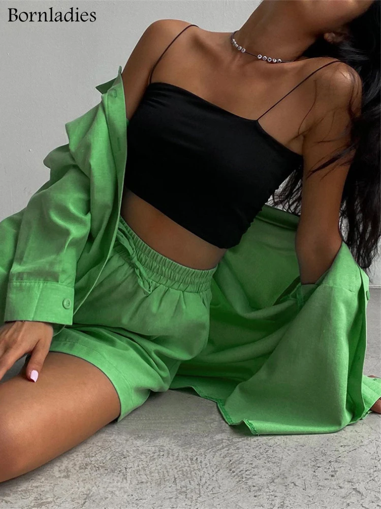 Bornladies Stylish Cotton Casual Women Two Piece Short Sets Summer High Waist Green Shirt Suit Set Fashion 2 Pieces Sets 2022