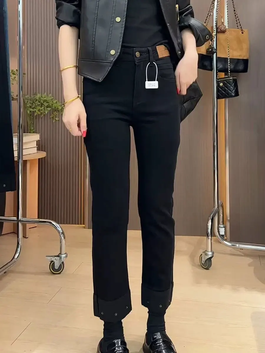 

Большие размеры, эластичные джинсовые джинсы с высокой талией, женские весенне-осенние облегающие прямые брюки с девятью трубкой, повседневные брюки