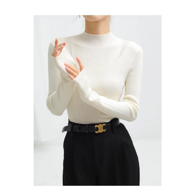 نصف الياقة المدورة الصوف محبوك المرأة الخريف والشتاء 2025 جديد الراقية كسول نمط الداخلية قاع #4