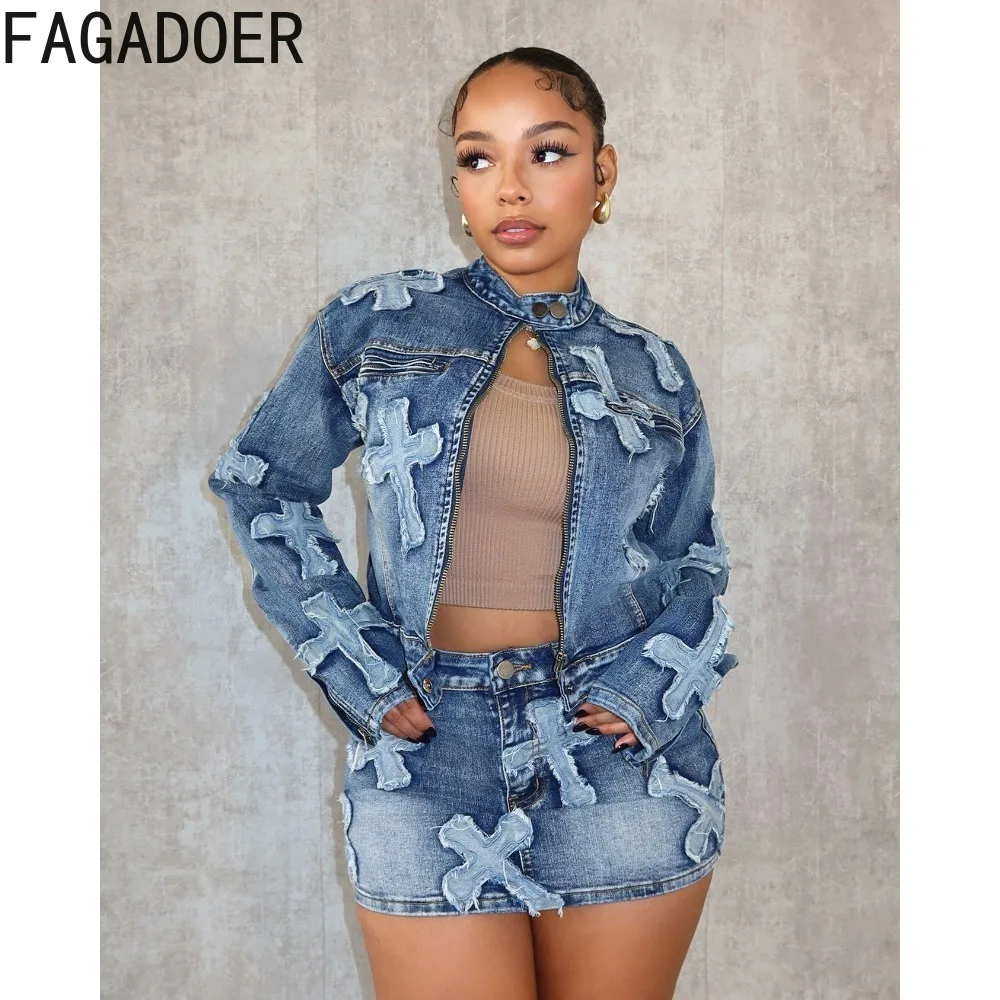 FAGADOER Fashion Denim Streetwear Women Long Sleeve Embroidery Coats And Mini Skirts Two Piece Sets Female Matching 2pcs Outfits