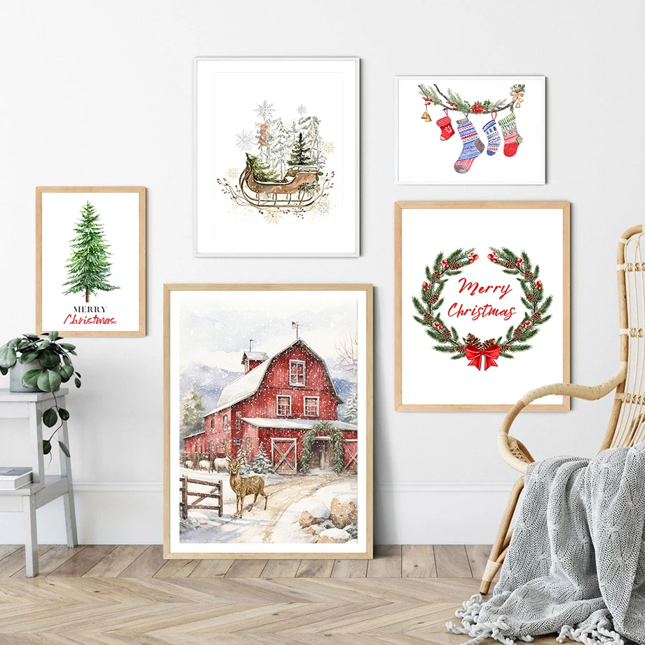 Reindeer Sleigh Christmas Decor Gift Print Christmas Stockings Wall Art Canvas Painting Nordic Poster Home Living Room Decor