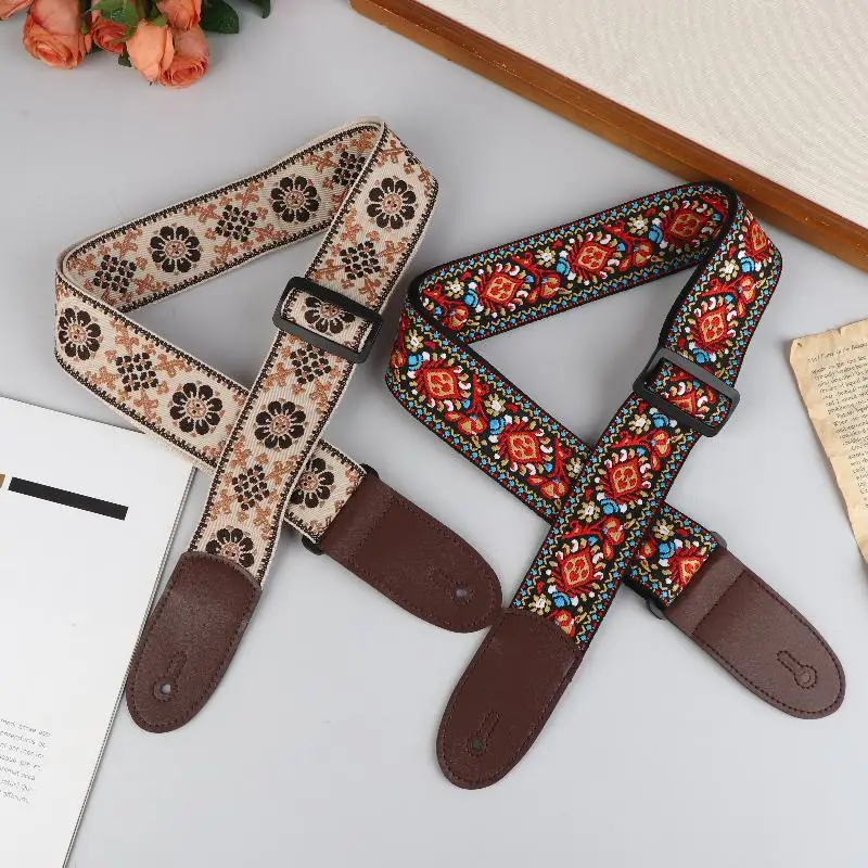 ★▲Guitar Strap Bass Cotton Leather Embroidery Straps Adjustable Neck Strap Electric Acoustic Guitar Bass Accessories