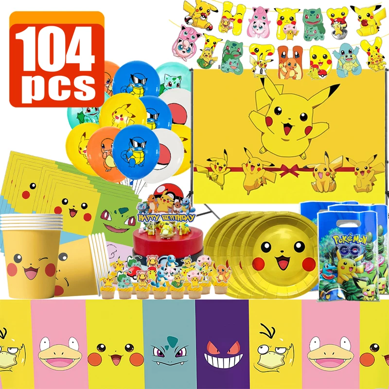 Pokemon Decoration Birthday Pikachu Balloon Cartoon Balloon Disposable Tableware Tablecloth Straws Cup Plates Baby Shower Toys