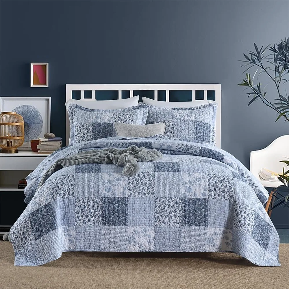 

Cotton Bedspread Quilt Bedding Sets Reversible Coverlet Sets Comforters Rustic Floral White Blue Patchwork Pattern Bedspr