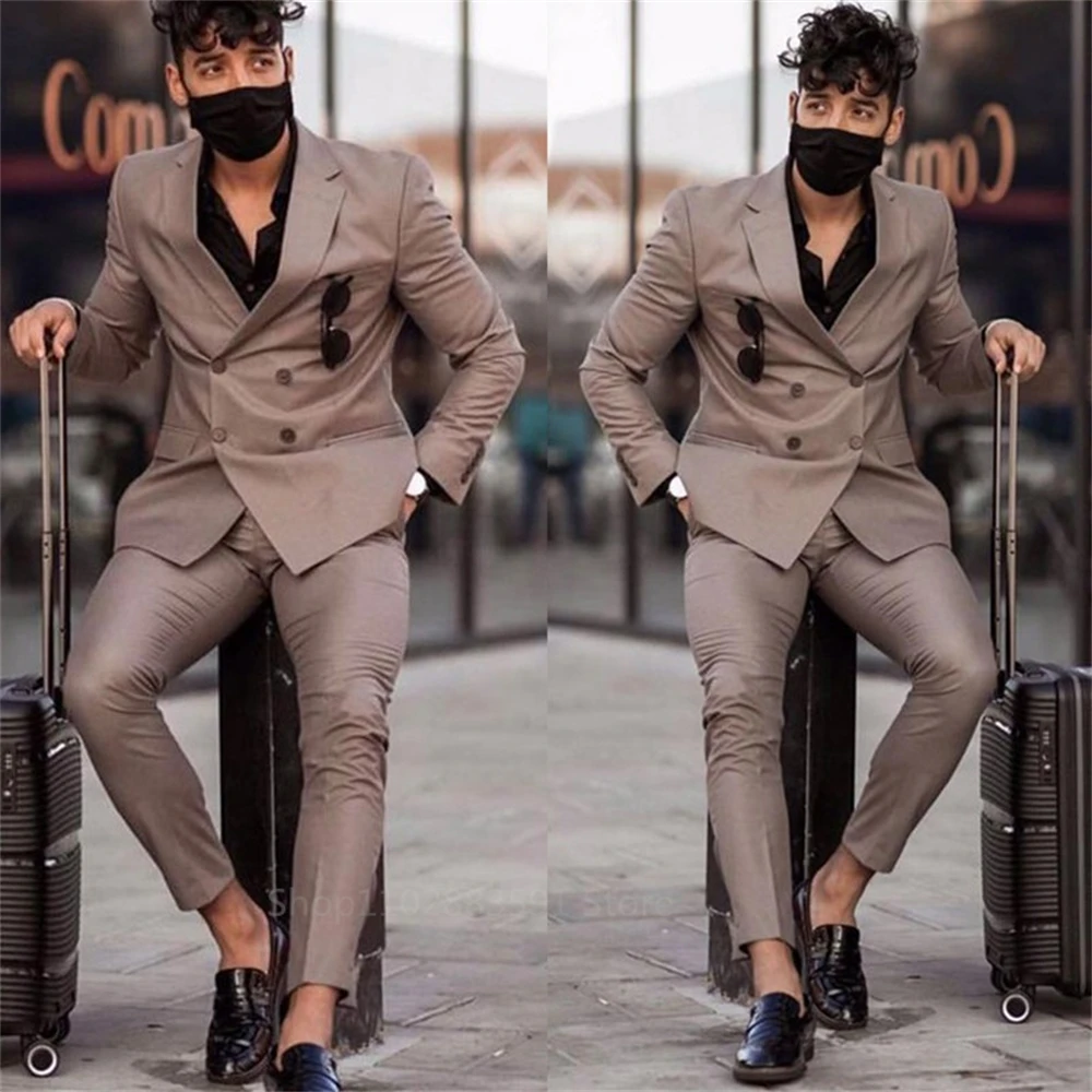 Casual Brown Double Breasted Men Suits Costume Homme Slim Fit Tuxedo Wedding Groom Terno Masculino Blazer 2 Pieces(Jacket+pants)