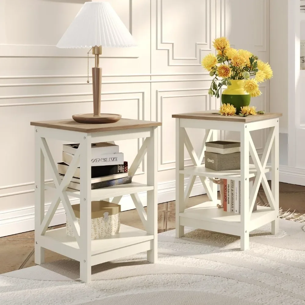 

3-Tier End Table Set of 2 Wooden Sofa Side Tables with Storage Shelves, X-Design Structure, Nightstand Set w/ Easy Assembly for