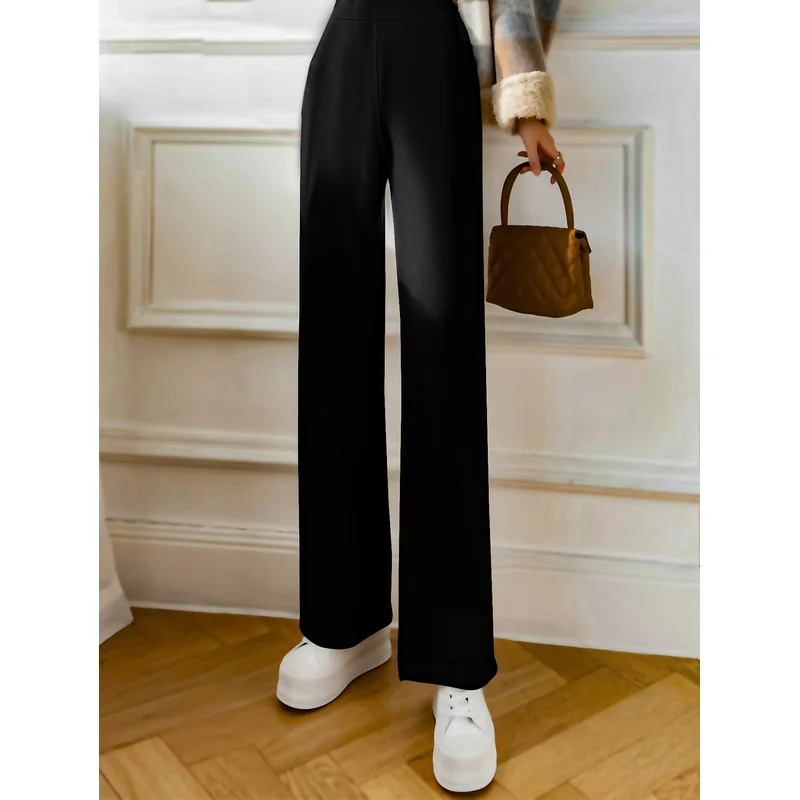 2025 Chique moderne wijde pijpen broek dames effen zwarte comfortabele afslankende kantoor casual broek