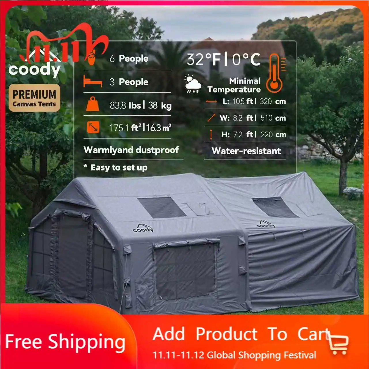 Coody 8.0+ Gray Inflatable Tent With Framed Foyer Portable Picnic Camping