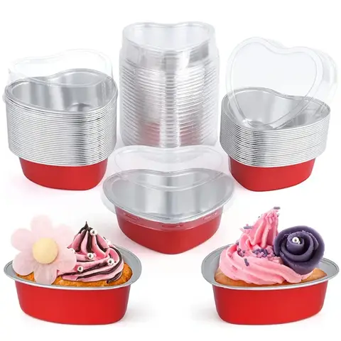 Disposable Heart Shaped Cake Pan Colorful Aluminum Foil Baking Mold Cupcak Pudding Cups with Plastic Dome Lid