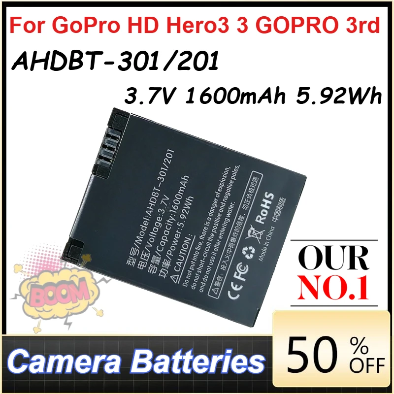 

Camera Batteries AHDBT-301/201 3.7V 1600mAh 5.92Wh Rechargeable Lithium Battery for GoPro HD Hero3 3 GOPRO 3rd Generation Action