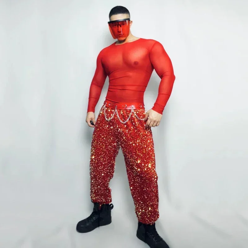 Muscle Man Pole Dance Clothing Sexy Mesh Top Red Sequins Pants For Men Bar Nightclub DS DJ Gogo Costume Stage Rave Outfit XS5641