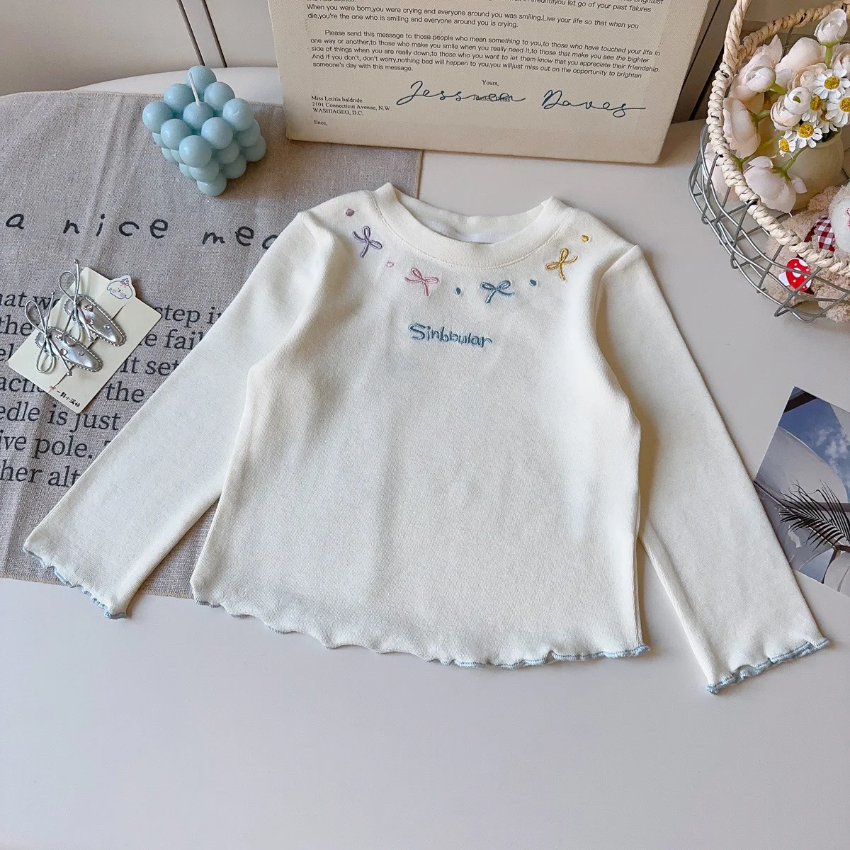 2026 Spring Kids Girls Two-piece Clothes Set Cotton Embroidery Toddler Girl Undershirt Loose Bow Children Girls Flared Pant Suit