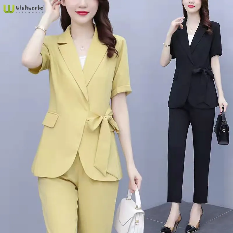 

2022 new summer leisure age reduction foreign style large short sleeve slim fit small suit three piece women's suit