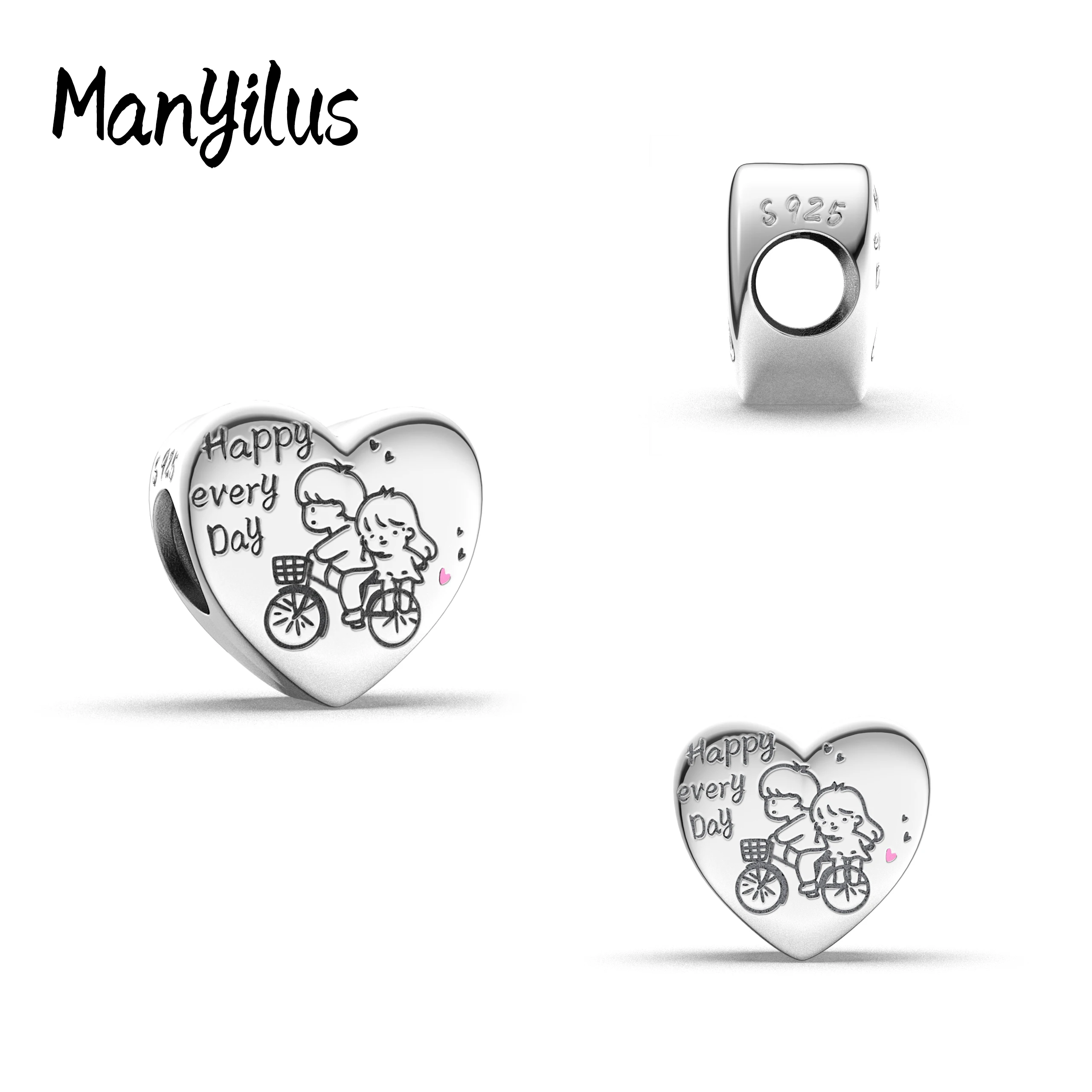 Manyilus 925 Sterling Silver Heart Charm, Couple Bicycle Engraved Bead, Fits European Bracelet, Women DIY Jewelry Gift