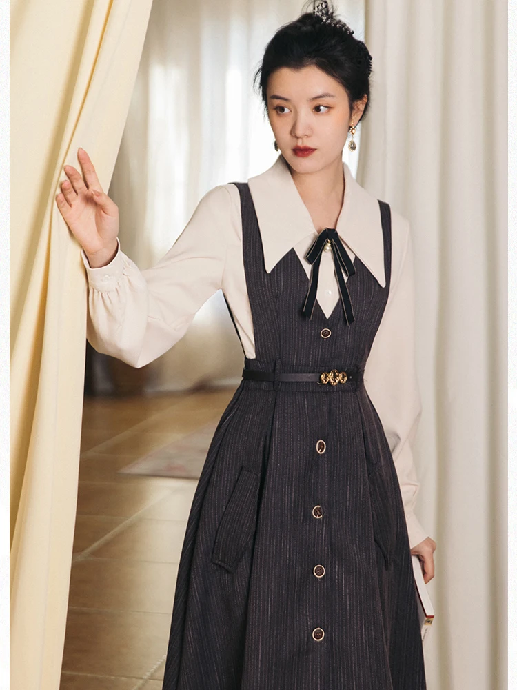 Office Lady Two Piece Dress Set Women Autumn Winter White Blouse and Long Woolen Dress With Belt Outfits