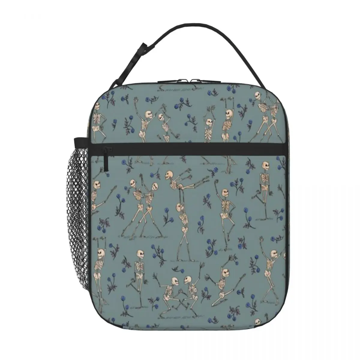 Hot Sale Skeleton Dance Blue Patchwork Carry Lunch Bag After School Snack Insulated Lunch Pouch