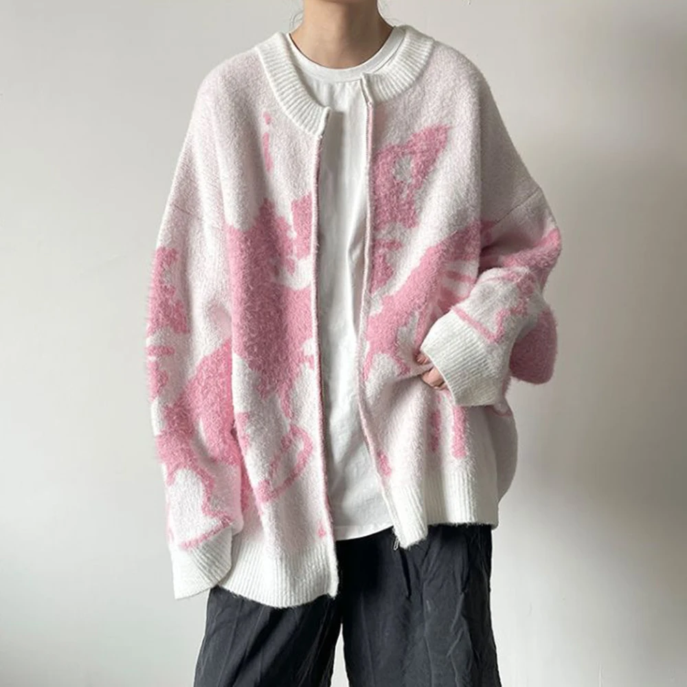 American Street Fashion Hip Hop Sweater Cardigan Jacket Men Autumn Tie-Dye Contrast Color Knitted Sweater Casual Loose Jacket