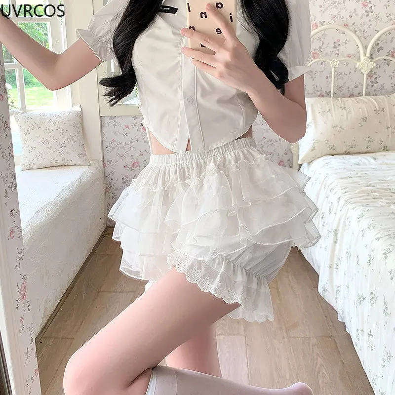 White Lace Ruffles Lolita Safety Shorts Women Kawaii Panties Underwear Gothic Fluffy Pantskirt Girly Vintage Victorian Bloomers