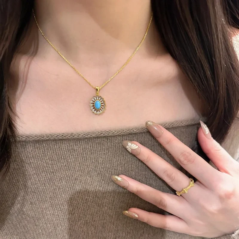 أقراط الفيروز الكلاسيكية للنساء قلادة قصر نمط أنيق الرجعية الخفيفة الفاخرة القطع الناقص الزهور مجموعات المجوهرات #6