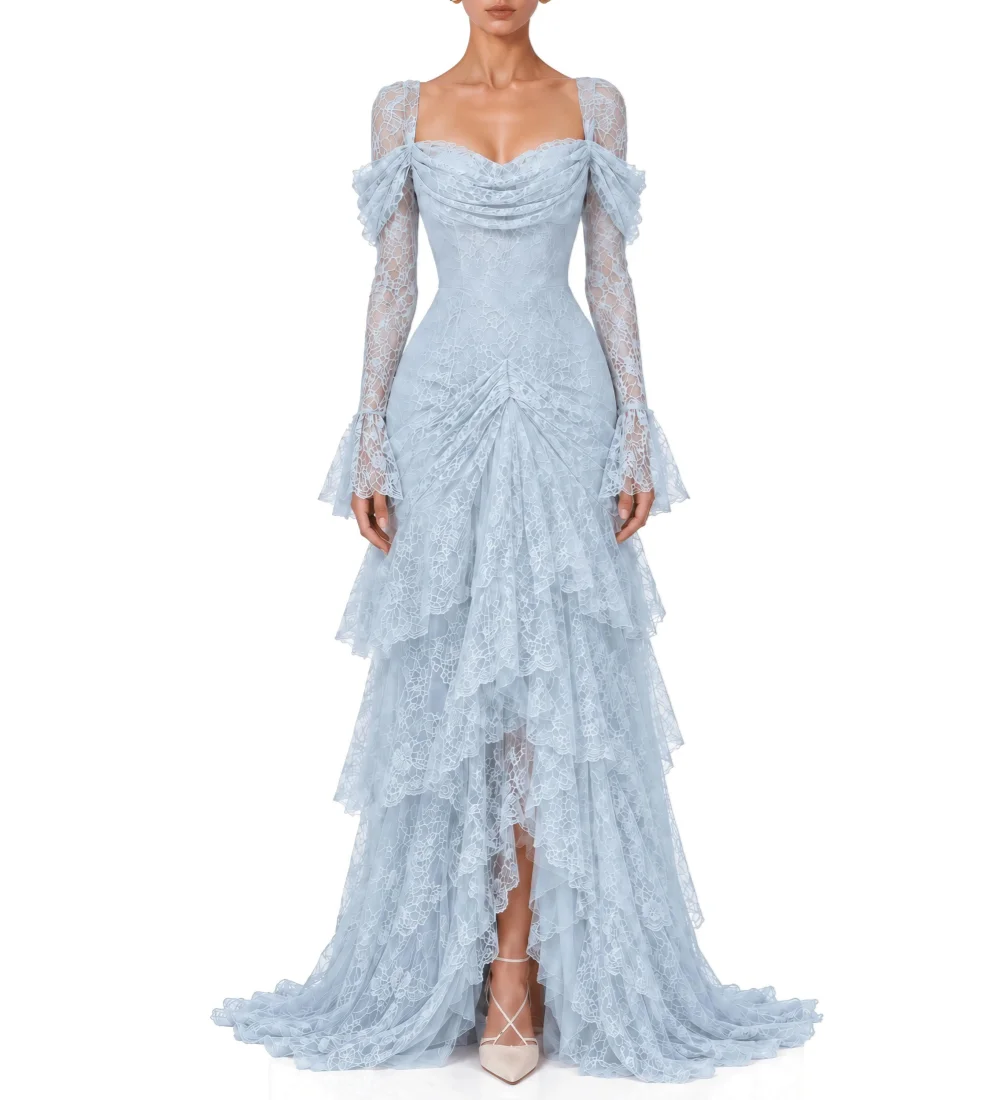 Customized High Quality Lace Pattern Mermaid Square Neck Long Bespoke Occasion Dresses Sizes Available