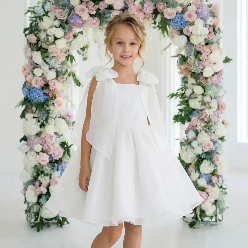 2026 Kids Birthday Party Performance Host Big Bow Pageant Gown Wedding Tutu White Princess Dress Children Girls Elegant Costume