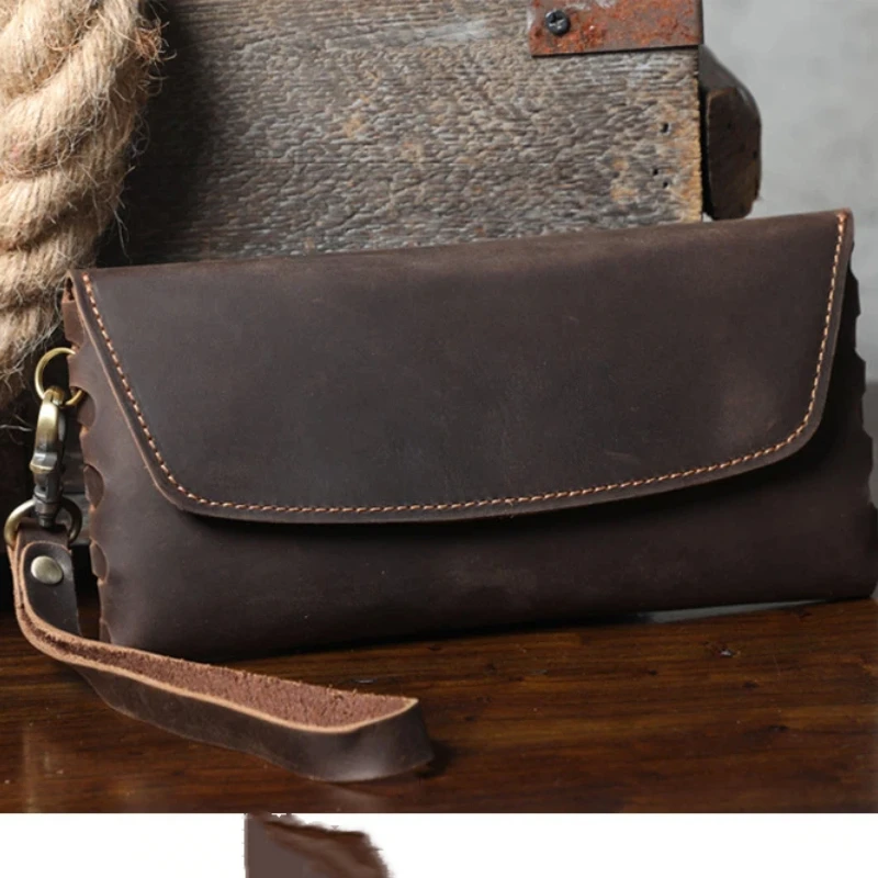 Men's Vintage Pull-Up Leather Clutch, Large Capacity Handmade Cowhide Wallet with Phone Pocket, Minimalist European Style Chest