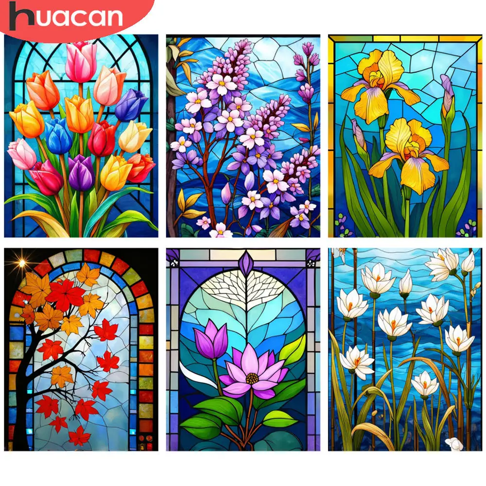 HUACAN Komplette Kits Diamantmalerei, lebendige Blumen, Buntglas-Stil, bunte Blume, Diamantmalerei, 5D-DIY-Mosaik-Set