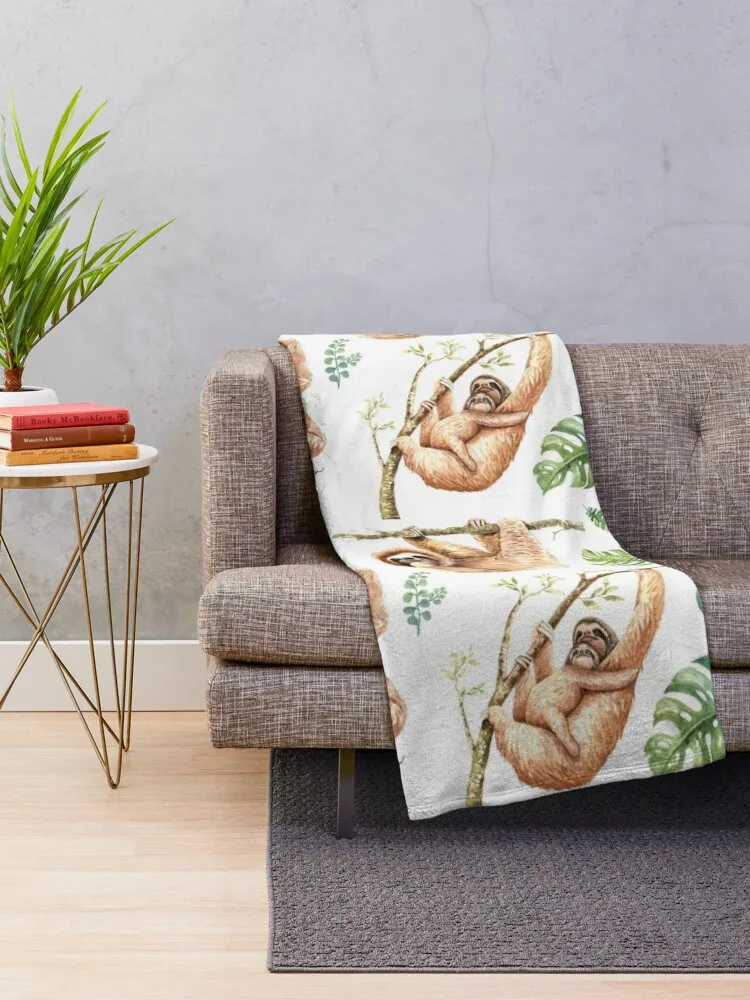 Sloths Chilling Out Watercolour Pattern. Throw Blanket Summer Beautifuls Sleeping Bag Blankets