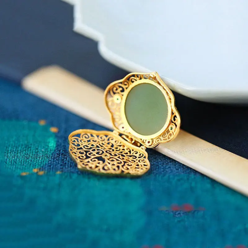 Natural Hetian jasper crystal double-sided pendant palace style hollow can open the Gawu box necklace ancient silver jewelry image 4